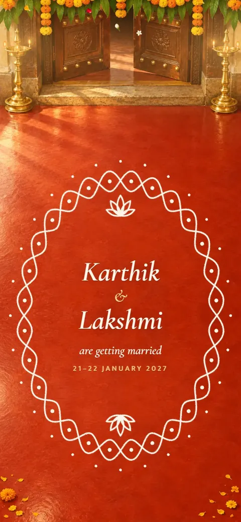 Kolam — Tamil wedding invitation, on a phone